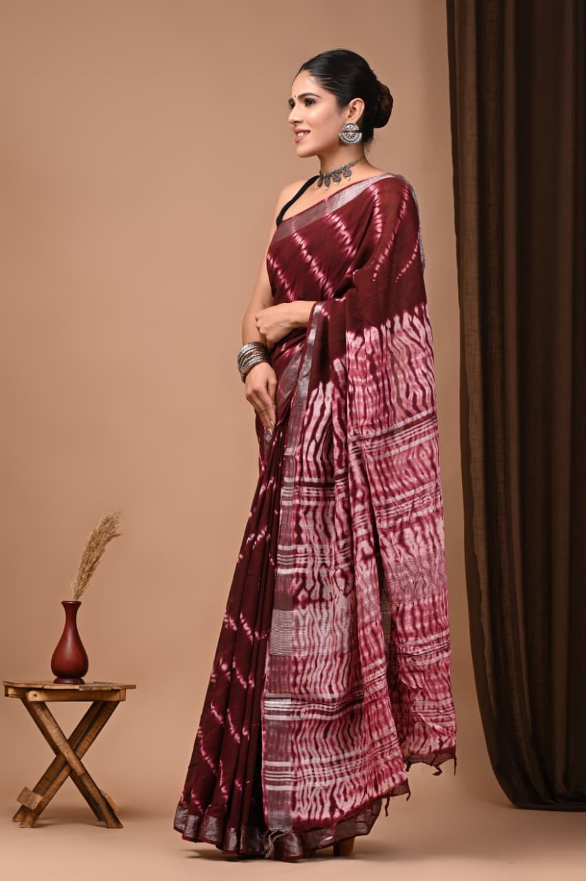 Hand Block Printed Linen Saree with Blouse